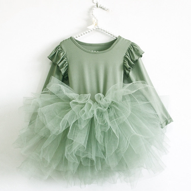 Baby Girl Princess Tulle Dress Fluffy Long Sleeve Infant Toddler Puffy Dress Tutu Black Green Party Pageant Dance Clothes 1-10Y