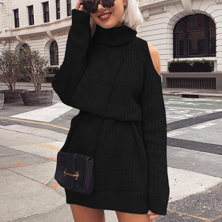 nvxiot school outfit  Turtleneck Knitwear Women's Dresses Autumn Casual Fashion Office Lady Off Shoulder Female Winter Long Sleeve Midi Sweater Dress