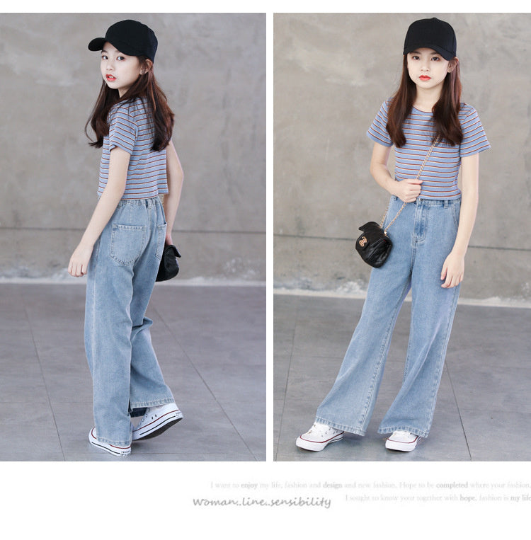 nvxiot Teenage Girls Jeans Spring Summer Casual Fashion Loose Blue Kids Leg Wide Pants School Children Trousers 6 8 10 12 Year