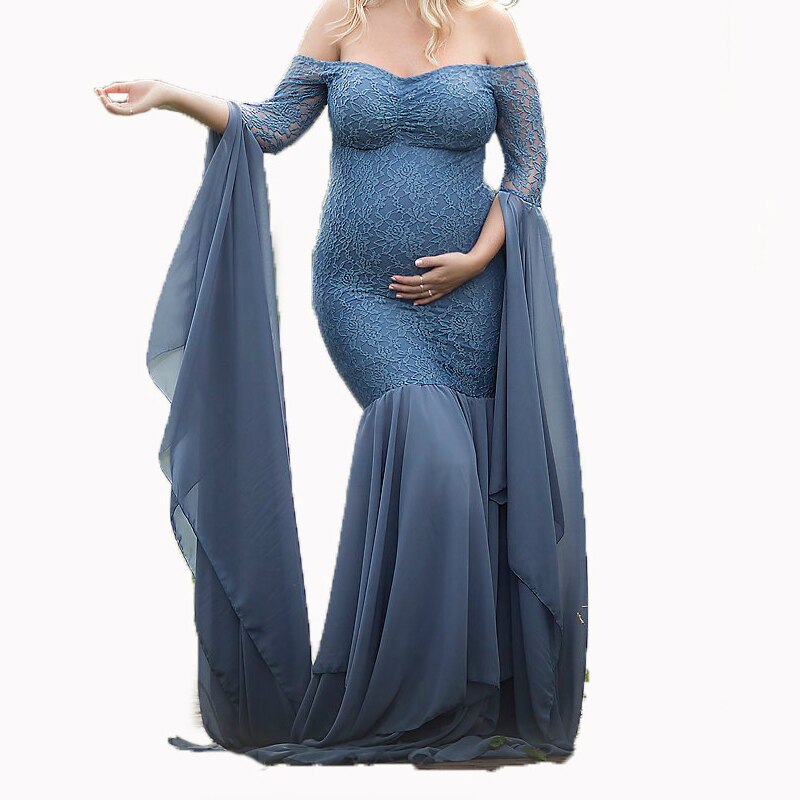 nvxiot Long Maternity Photography Props Women's Lace Stitching Pregnant Women's Long Sleeve Dress Flying Sleeve Dress  for Photo Shoot