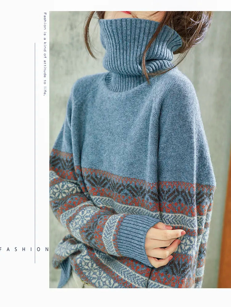 nvxiot National style turtleneck sweater women winter thickening cashmere jumpers wool knit bottom female long sleeve  loose pullover