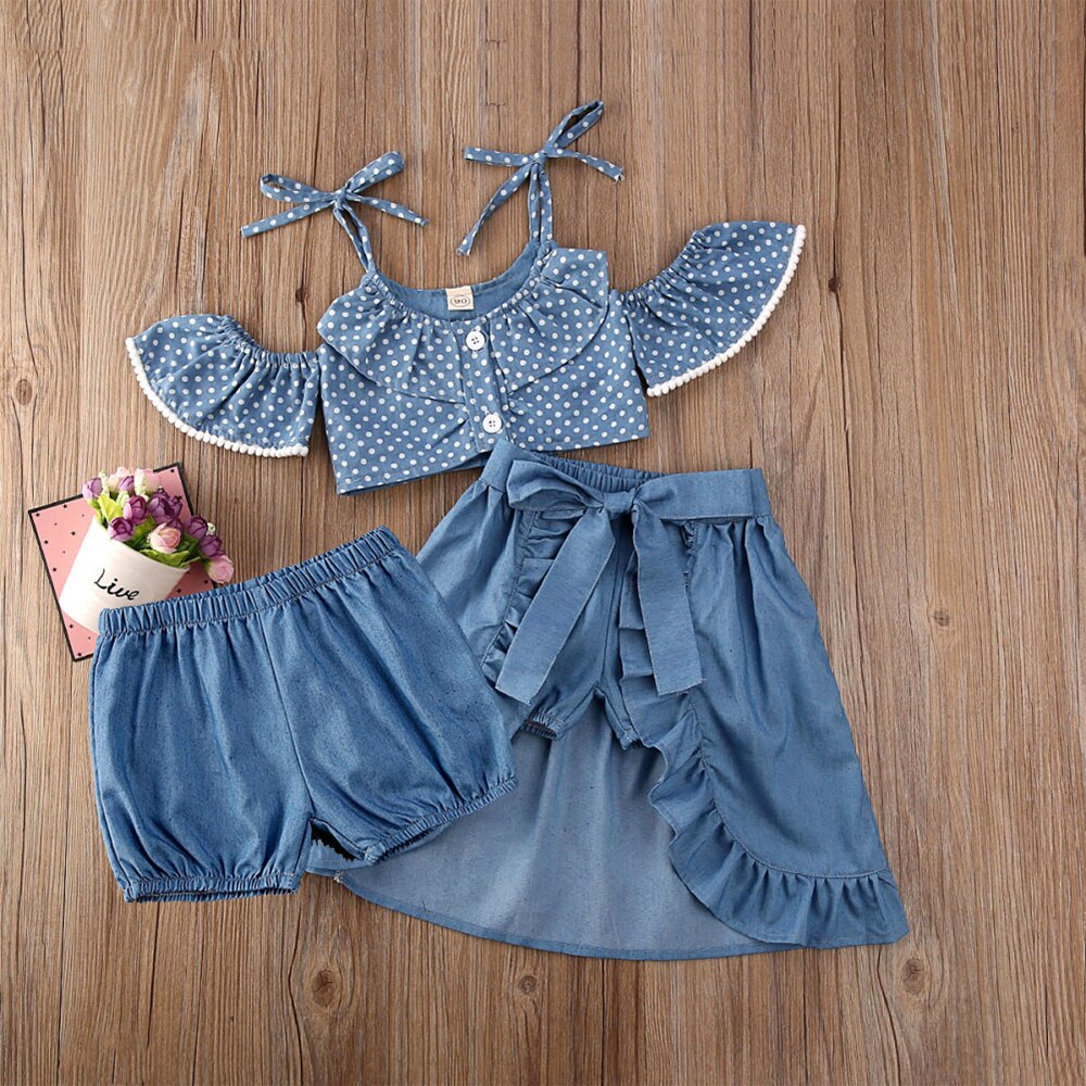 nvxiot Toddler Baby Girl Clothes Set Blue Dots Off Shoulder Top +Tied Skirts +Shorts 3PCS Suit Girl Clothes For 1to 5Y