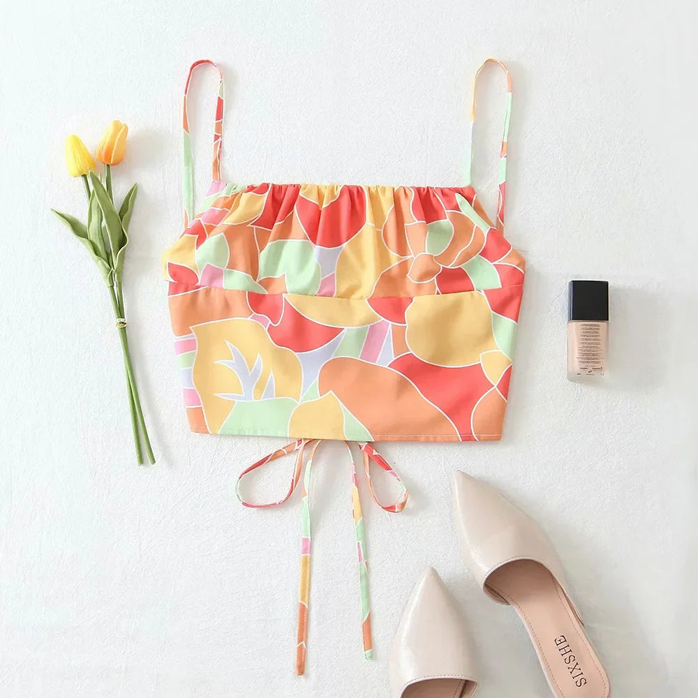 MQTIME  - Summer Women Vintage Casual Two-Piece Set Color Print Asymmetrical Sleeves Shirt Female Slim High Waist Mini Skirt  Set