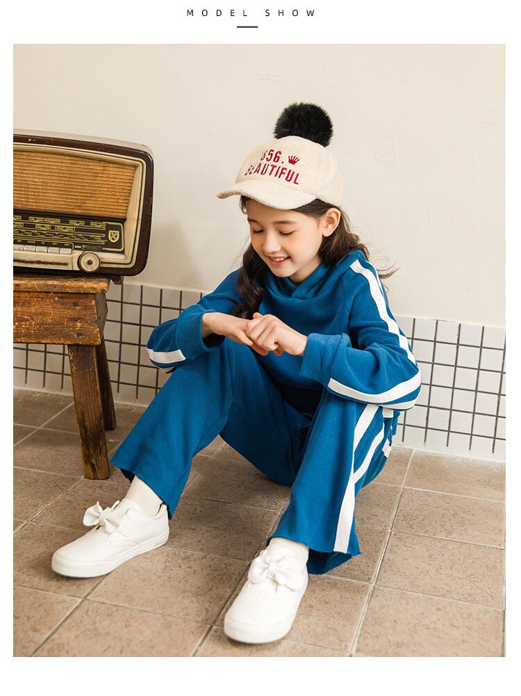 nvxiot Teens Girls Clothing Sets Striped Solid Hoodies Tops Sports Pants Two-piece Kids Casual Loose Tracksuit Children's Outfits 12 Y