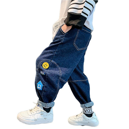 nvxiot New 4-14T Boy Jeans Dark Blue Denim Pants for Kids Trousers Teenage Clothing Elastic Waist Boy Cargo Pants Boy Jeans