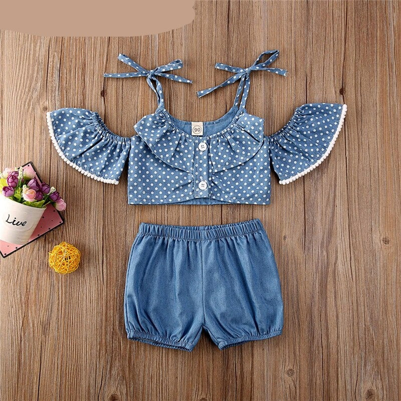 nvxiot Toddler Baby Girl Clothes Set Blue Dots Off Shoulder Top +Tied Skirts +Shorts 3PCS Suit Girl Clothes For 1to 5Y