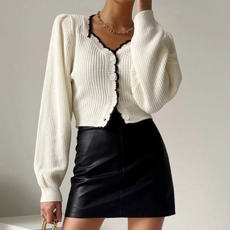 nvxiot Fashion Sexy Square Neck Patchwork White Cardigan Women Autumn Long Sleeve Slim Vintage Women Cardigan Sweater Cropped Tops