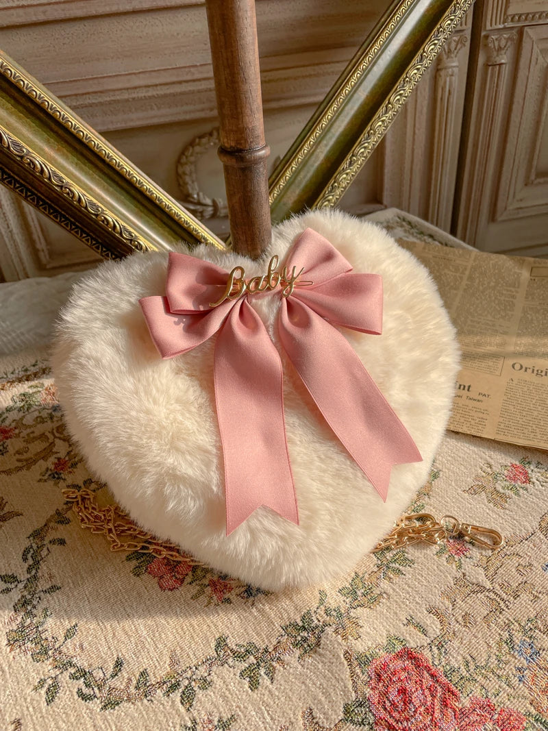 nvxiot Lolita Love Heart Shape Kawaii Plush Handbag Pearl Chain Plush Bowknot Girls Anime Cosplay Harujuku Pink White Lolitas Bags