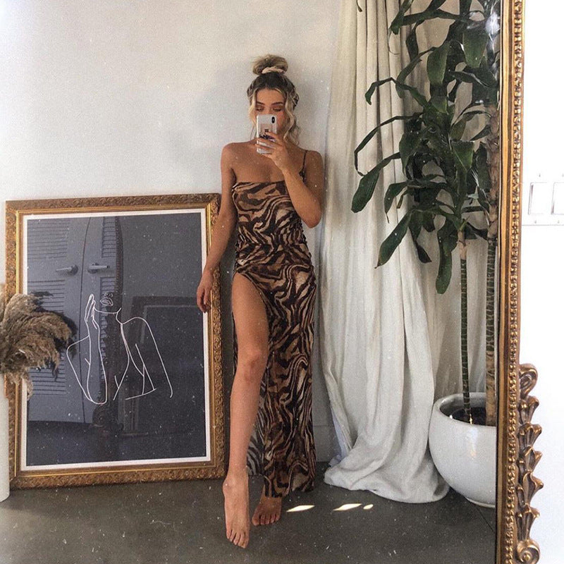 nvxiot Tiger Print Sexy Long Maxi Dresses for Women Gowns Party Club One Shoulder High Slit Backless Bodycon Dress