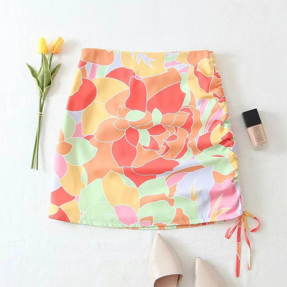 MQTIME  - Summer Women Vintage Casual Two-Piece Set Color Print Asymmetrical Sleeves Shirt Female Slim High Waist Mini Skirt  Set