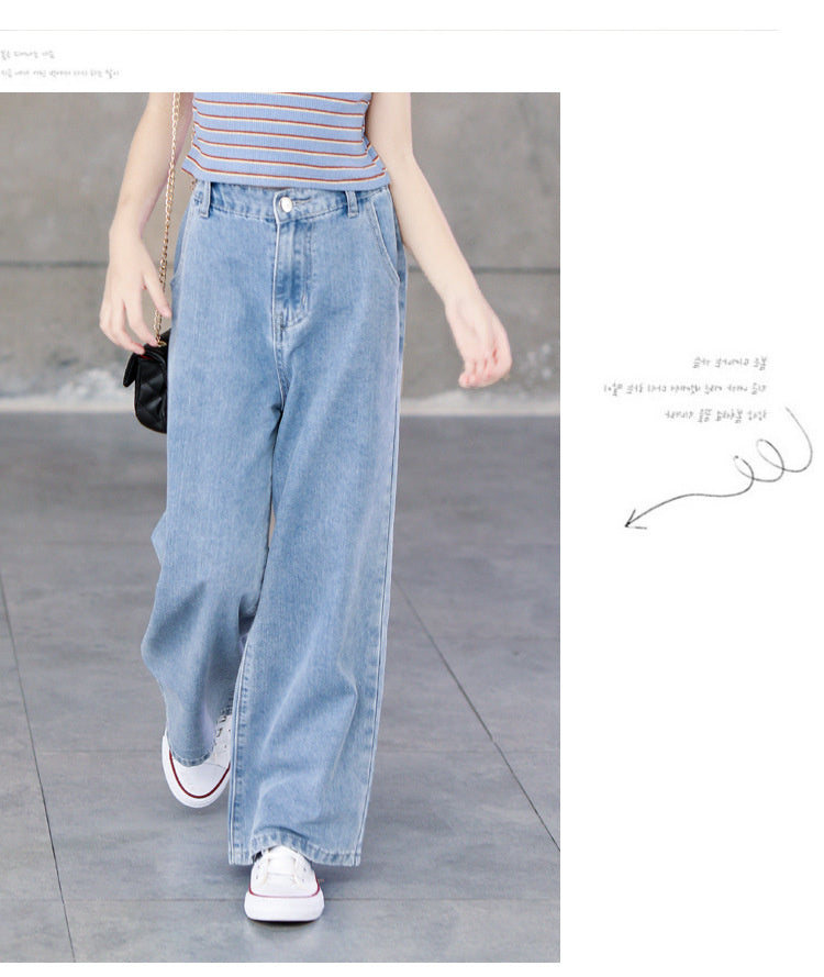 nvxiot Teenage Girls Jeans Spring Summer Casual Fashion Loose Blue Kids Leg Wide Pants School Children Trousers 6 8 10 12 Year