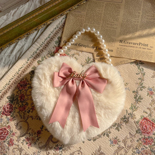 nvxiot Lolita Love Heart Shape Kawaii Plush Handbag Pearl Chain Plush Bowknot Girls Anime Cosplay Harujuku Pink White Lolitas Bags