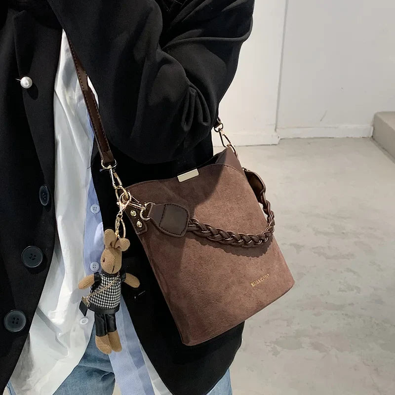 nvxiot Premium Vintage Bucket Bags Women Autumn Winter Fashion All Match Shoulder Crossbody Bag New Trend Casual Frosted Pack