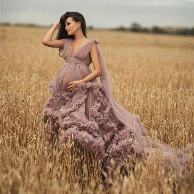 nvxiot  -  Dusty Pink Maternity Dress Robes for Photo Shoot or baby shower Ruffle Tulle Chic Women Dresses Nightgown Photography Robe