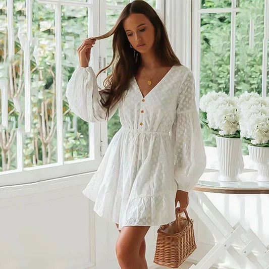 nvxiot Elegant V Neck Lace A-Line White Dresses For Women  Long Sleeve High Waist Lace Up Party Mini Dress Sweet Vestidos