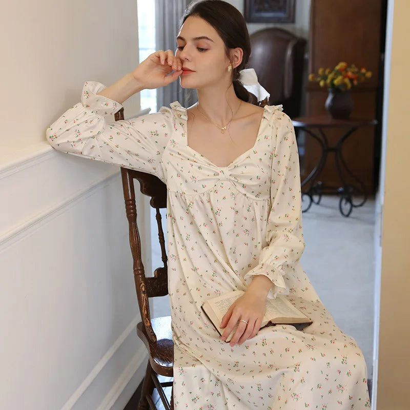 nvxiot Spring Full Sleeves Printed Nightgowns Princess Vintage Long Mid-Calf Home Dress Girls Sweet Floral Nightie Bow Sleepwear