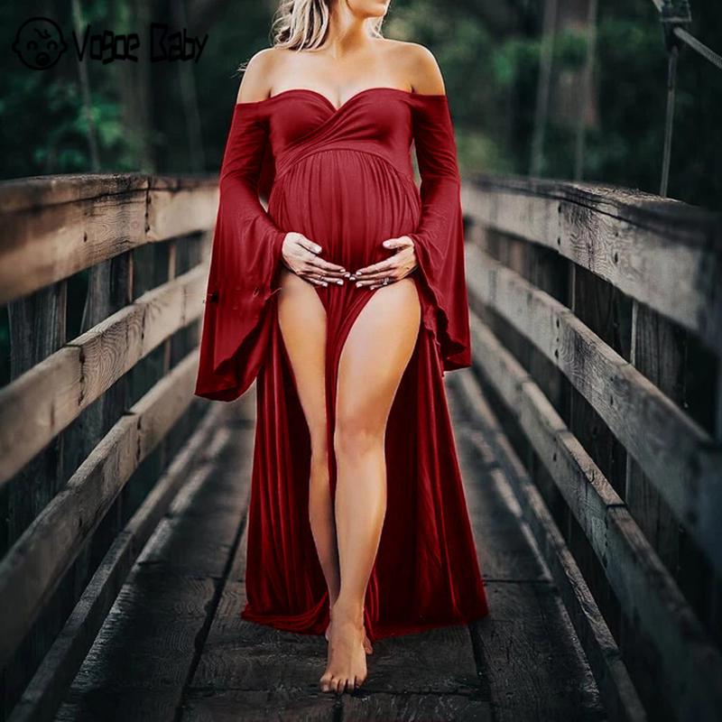 nvxiot Long Maternity Photography Props Women's Lace Stitching Pregnant Women's Long Sleeve Dress Flying Sleeve Dress  for Photo Shoot