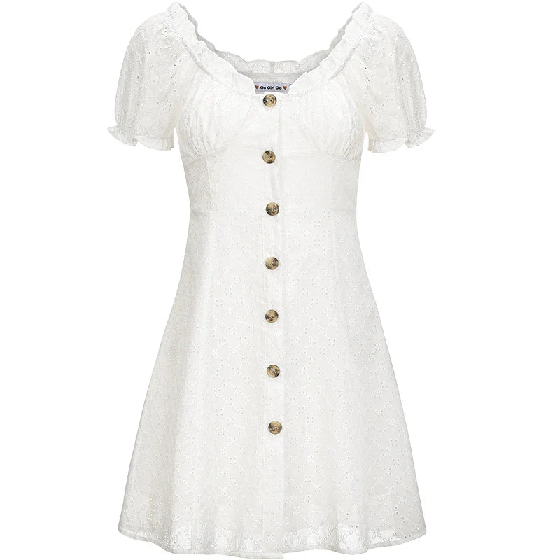 nvxiot  -  French Minority Retro Bubble Sleeve Short Skirt Button White Lace Short Sleeve Dress