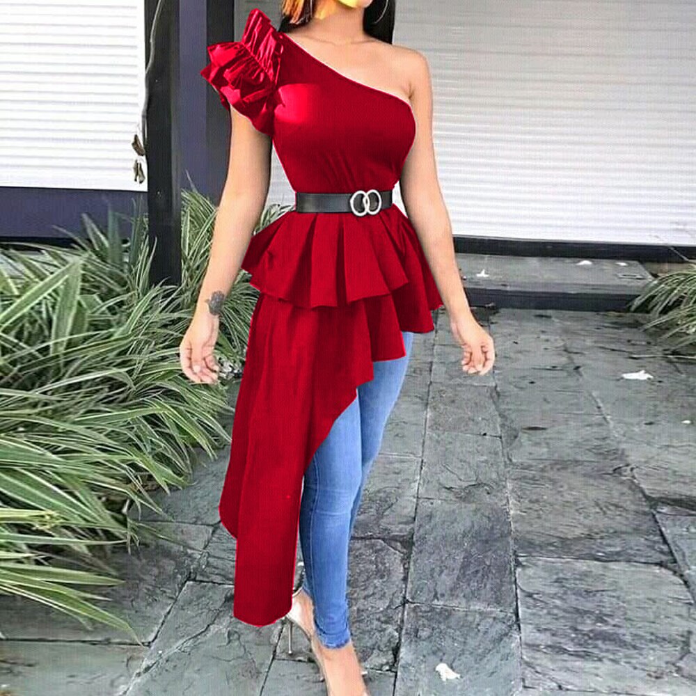 nvxiot Women Sexy One Shoulder Long Blouses Solid Ruffle Asymmetric Shirt Bodycon Fashion Elegant Large Size Summer Female Clothes