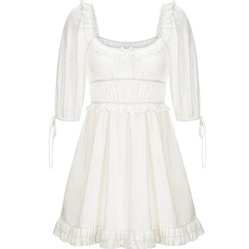 nvxiot  -  French Retro Palace Lace White Lantern Sleeve Dress