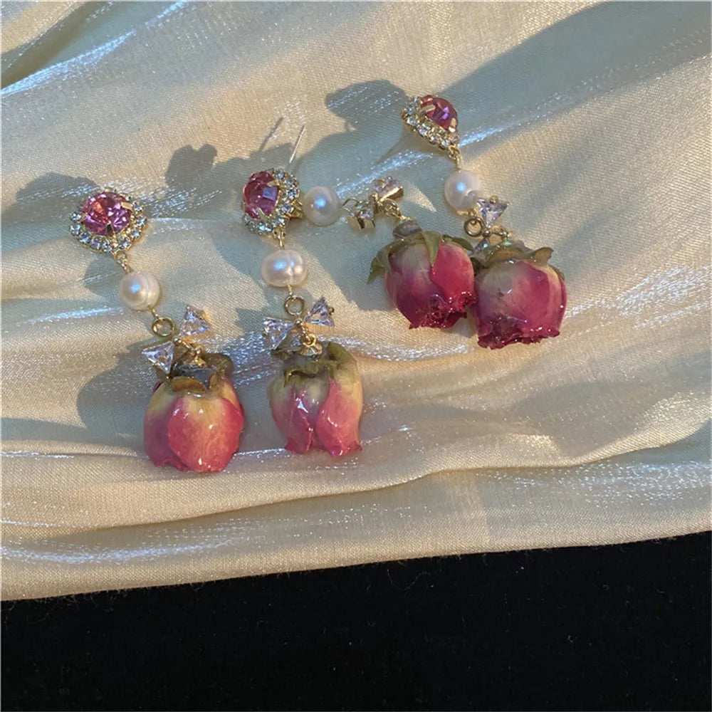 nvxiot Retro Natural Real Flower Eternal Flower Earrings Niche Design Sense Freshwater Pearl Femaleaint For Women Long Earrings Jewelry