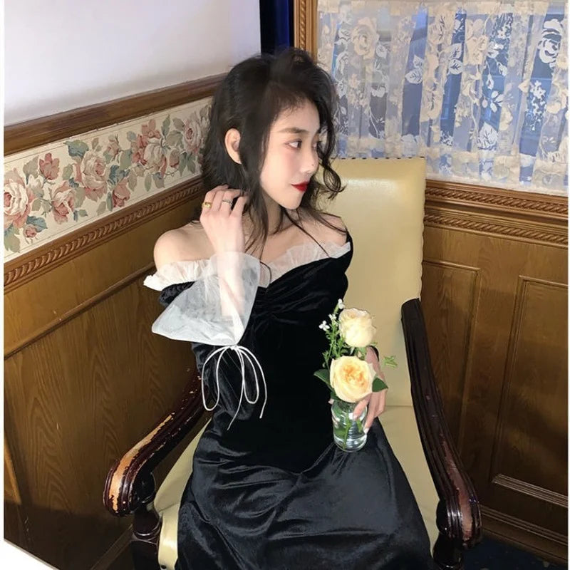 nvxiot-Antumn Winter Evening Party Midi Dresses Women Black Korean Fashion Elegant Vintage Dress Ruffle Long Sleeve One-piece Dress New