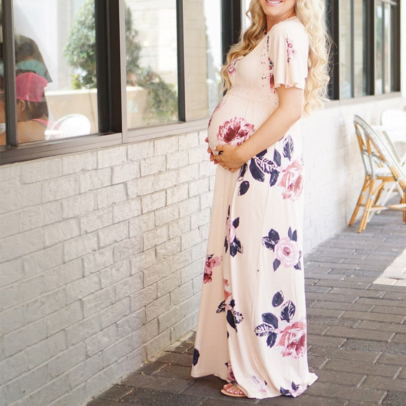 Maternity Dresses for Baby Showers Elegant Pregnant Women Short Sleeve Lace Floral Maxi Long Dress Pregnancy Clothes Photo Shoot