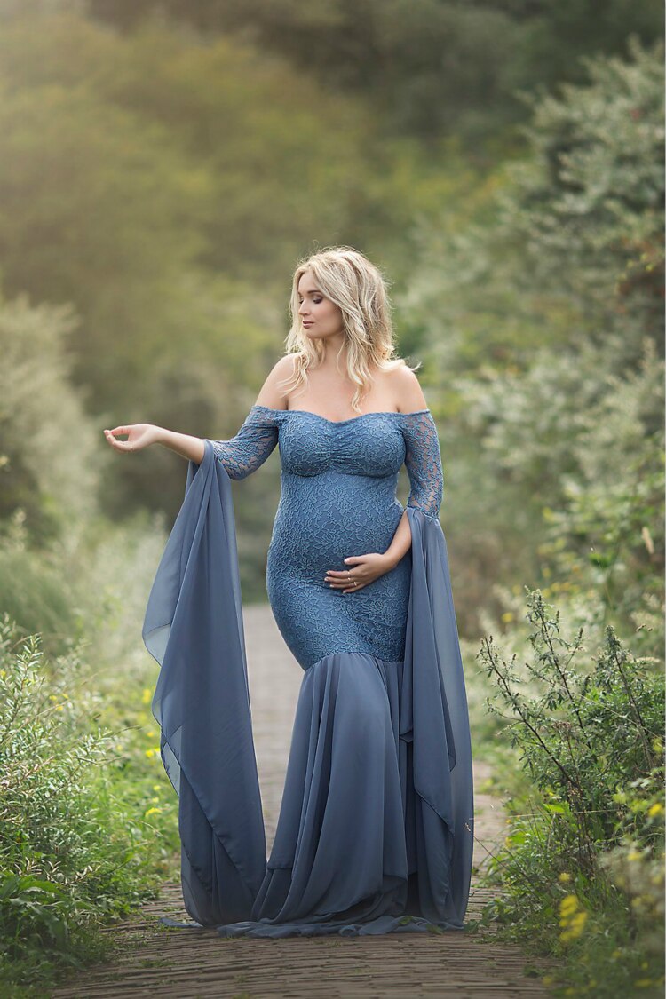 nvxiot Long Maternity Photography Props Women's Lace Stitching Pregnant Women's Long Sleeve Dress Flying Sleeve Dress  for Photo Shoot