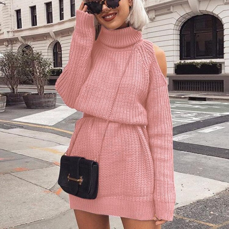 nvxiot school outfit  Turtleneck Knitwear Women's Dresses Autumn Casual Fashion Office Lady Off Shoulder Female Winter Long Sleeve Midi Sweater Dress