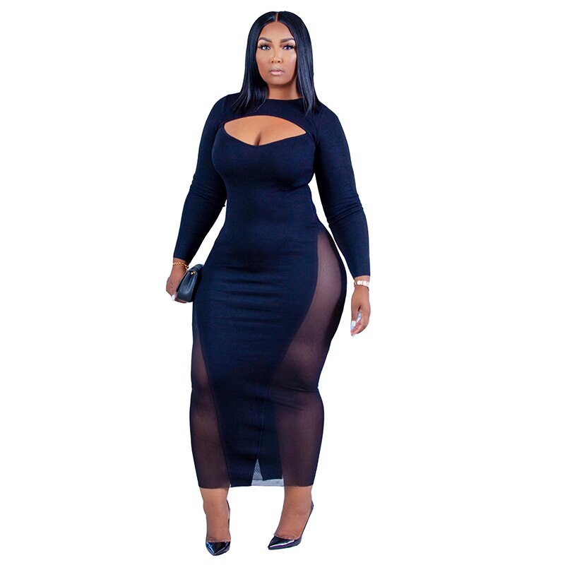 nvxiot Sexy Women Dress Black O Neck Elegant Dresses Mesh Patchwork Party Bodycon Long Sleeve Midi Dress