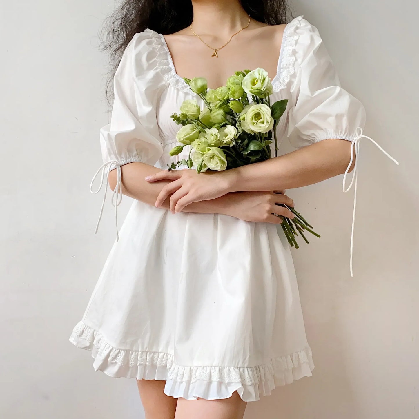 nvxiot  -  French Retro Palace Lace White Lantern Sleeve Dress