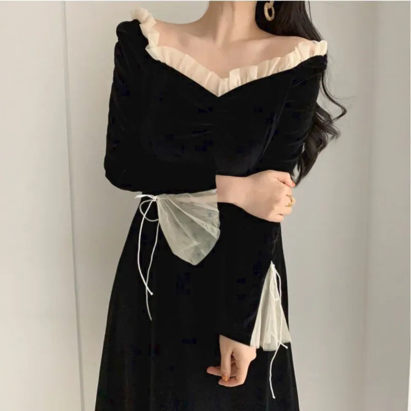 nvxiot-Antumn Winter Evening Party Midi Dresses Women Black Korean Fashion Elegant Vintage Dress Ruffle Long Sleeve One-piece Dress New