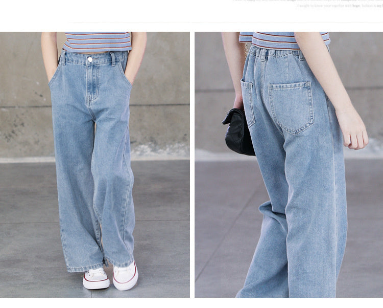 nvxiot Teenage Girls Jeans Spring Summer Casual Fashion Loose Blue Kids Leg Wide Pants School Children Trousers 6 8 10 12 Year