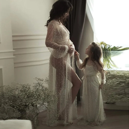 nvxiot Sheer Pearls Tulle Maternity Robe Long Sleeves Illusion See Thru Maternity Dress for Photography Women Robes Photoshoot Custom