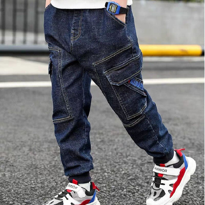 nvxiot New 3-14T Boy Jeans Dark Blue Denim Pants for Kids Trousers Teenage Clothing Elastic Waist Boy Cargo Pants Boy Jeans