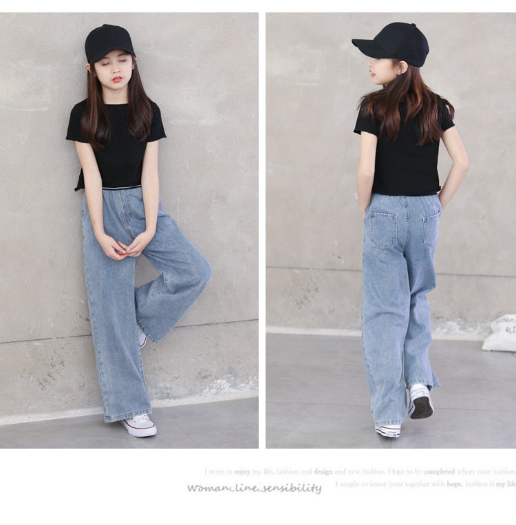 nvxiot Teenage Girls Jeans Spring Summer Casual Fashion Loose Blue Kids Leg Wide Pants School Children Trousers 6 8 10 12 Year