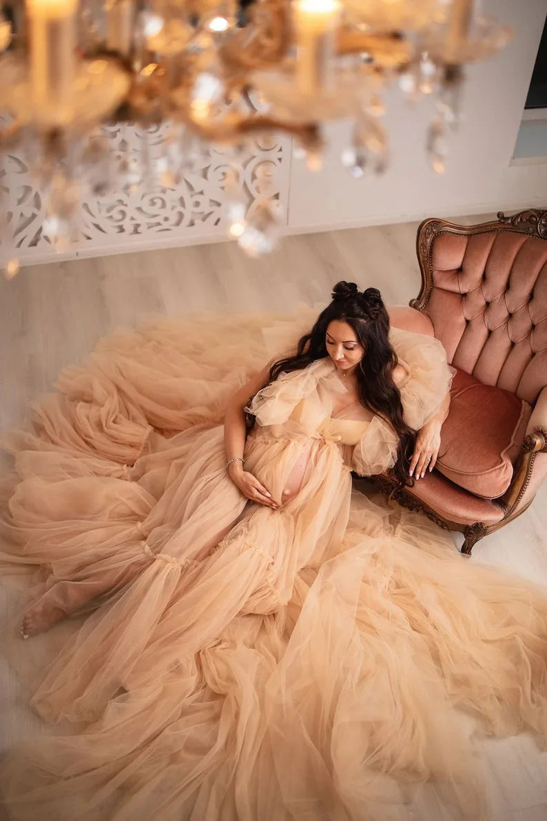 nvxiot  -  Chic Pregnancy Photoshoot Women Dress Fluffy Tulle Maternity Gown 2024 Beige Long Train Maternity Dresses Babyshower Robe Custom