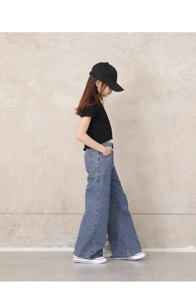 nvxiot Teenage Girls Jeans Spring Summer Casual Fashion Loose Blue Kids Leg Wide Pants School Children Trousers 6 8 10 12 Year