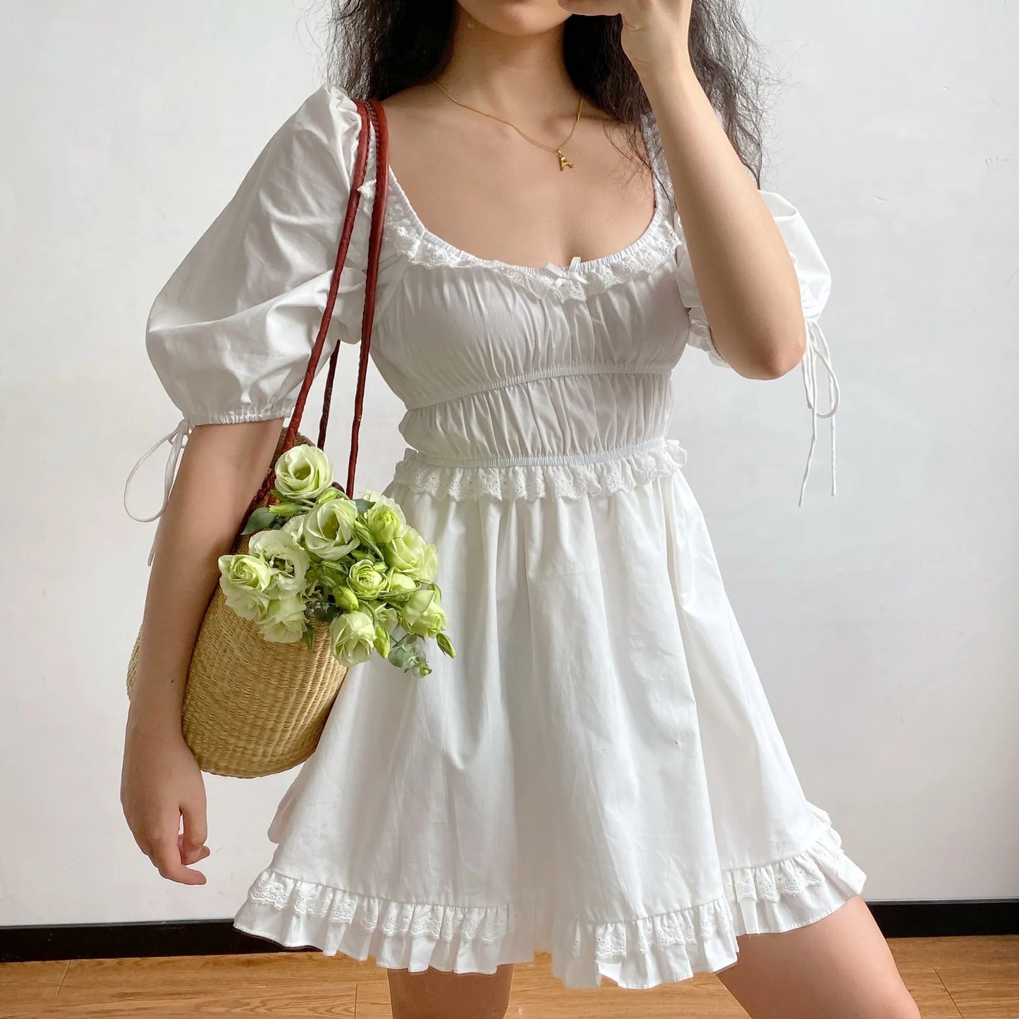 nvxiot  -  French Retro Palace Lace White Lantern Sleeve Dress