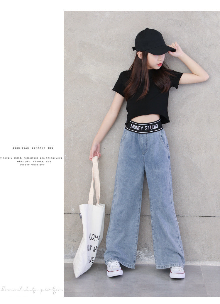 nvxiot Teenage Girls Jeans Spring Summer Casual Fashion Loose Blue Kids Leg Wide Pants School Children Trousers 6 8 10 12 Year