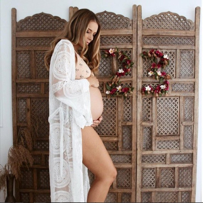 nvxiot Long Maternity Photography Props Women's Lace Stitching Pregnant Women's Long Sleeve Dress Flying Sleeve Dress  for Photo Shoot