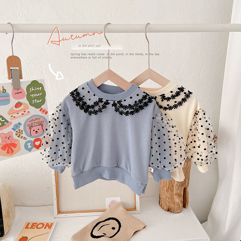 Autumn New Girls Blouse Puff Sleeve Girls Shirts Lace Dot Base Tops Kids Outfit