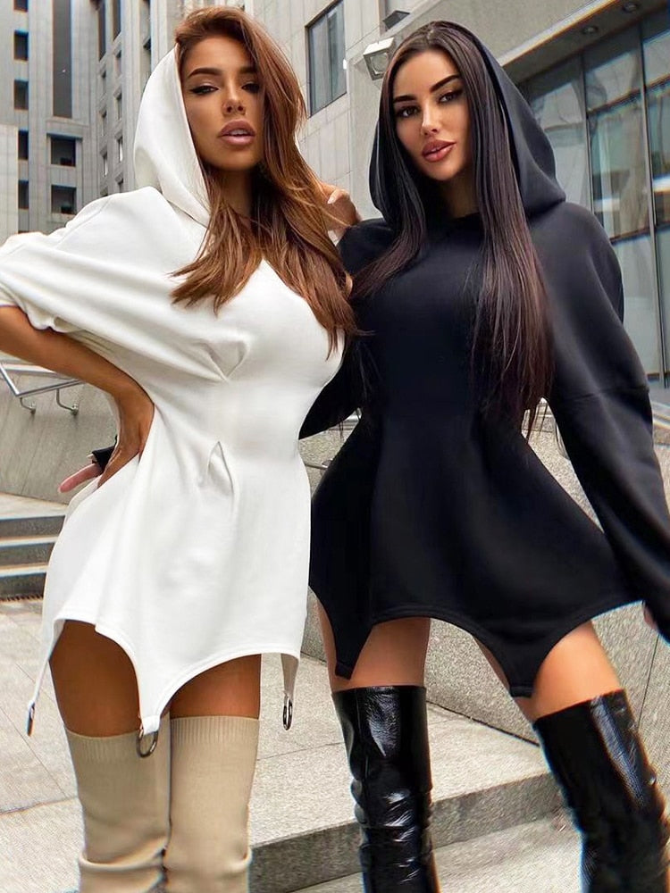 nvxiot Tossy 2024 Fashion Hooded Dress For Women White Waist Wrap Bodycon Mini Dress Spring Long Sleeve Hoodies Sweatshirt Dresses