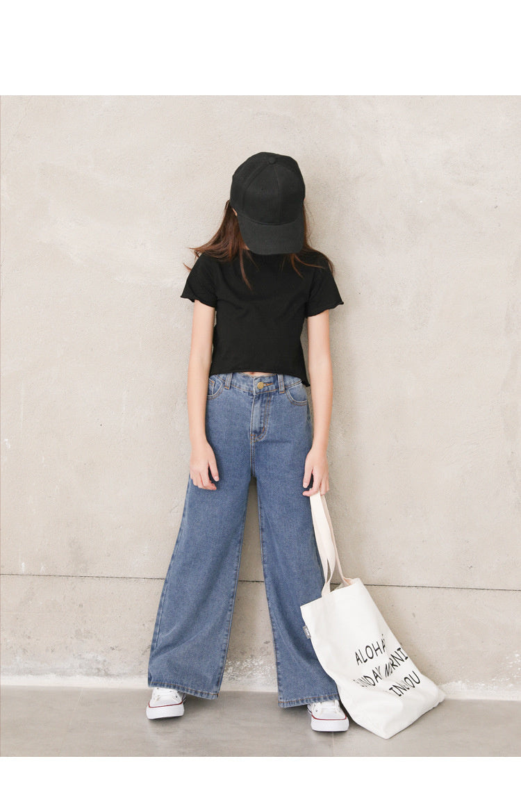 nvxiot Teenage Girls Jeans Spring Summer Casual Fashion Loose Blue Kids Leg Wide Pants School Children Trousers 6 8 10 12 Year