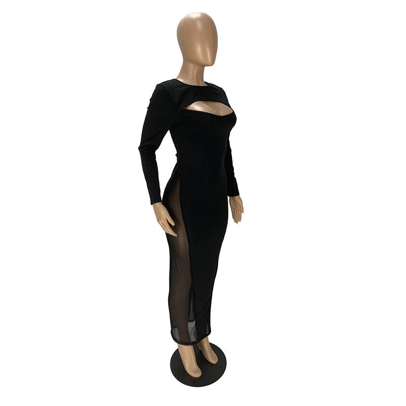 nvxiot Sexy Women Dress Black O Neck Elegant Dresses Mesh Patchwork Party Bodycon Long Sleeve Midi Dress