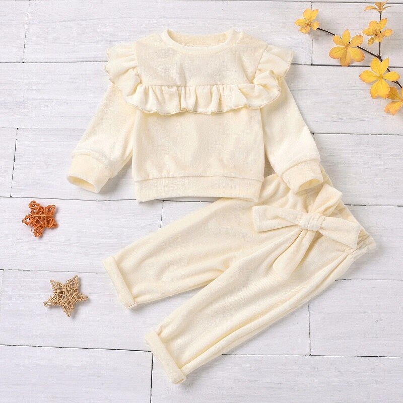 nvxiot Newborn Baby Girl Fleece Ruffle Clothes Set Sweatshirt+Pant 2PCS Child Sleepwear Warm Home Suit Winter Spring Autumn 0-2Y