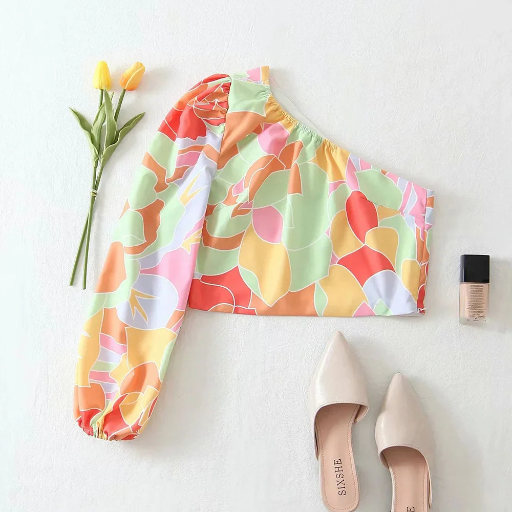 MQTIME  - Summer Women Vintage Casual Two-Piece Set Color Print Asymmetrical Sleeves Shirt Female Slim High Waist Mini Skirt  Set