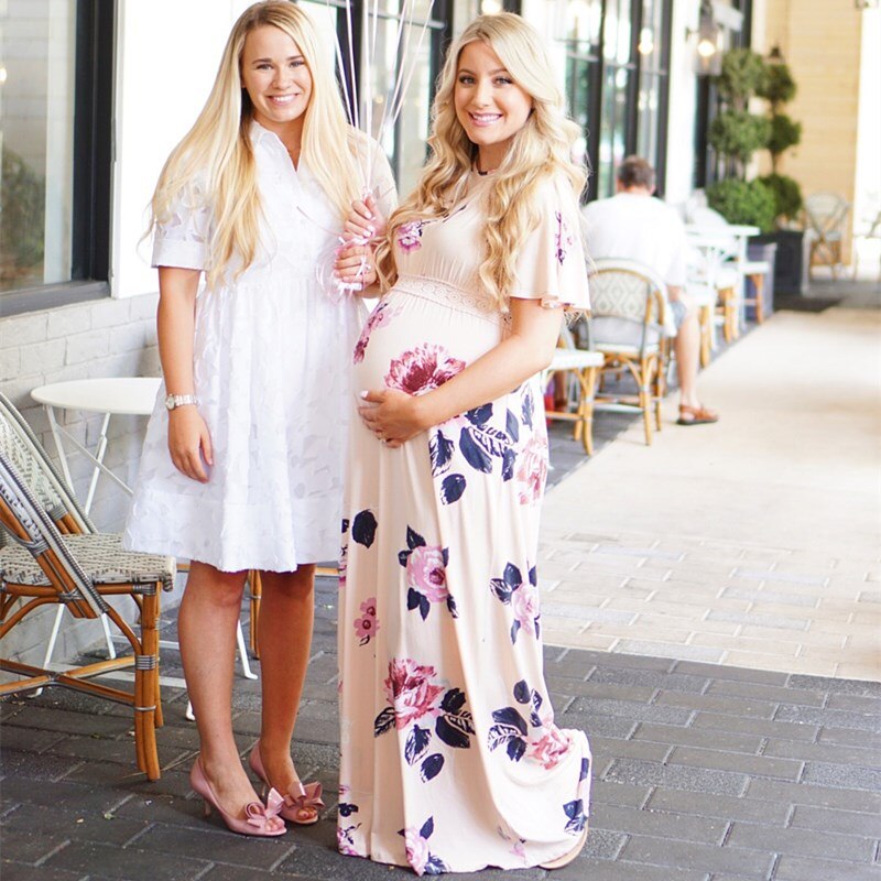 Maternity Dresses for Baby Showers Elegant Pregnant Women Short Sleeve Lace Floral Maxi Long Dress Pregnancy Clothes Photo Shoot