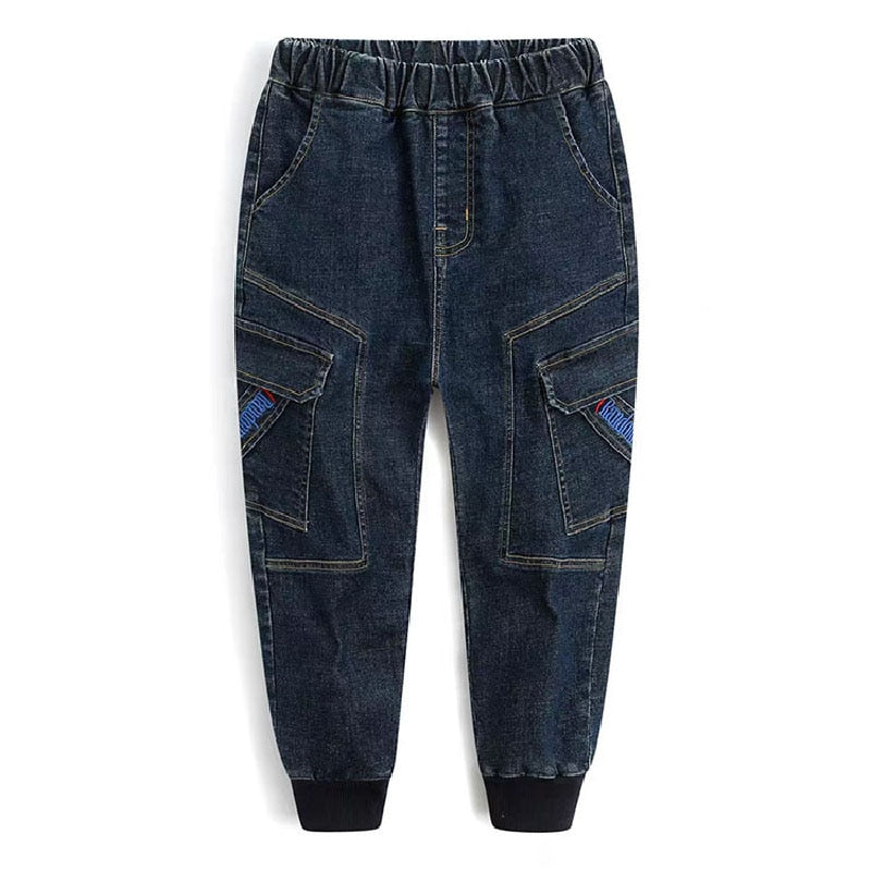 nvxiot New 3-14T Boy Jeans Dark Blue Denim Pants for Kids Trousers Teenage Clothing Elastic Waist Boy Cargo Pants Boy Jeans