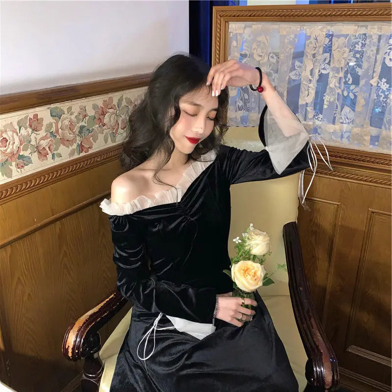 nvxiot-Antumn Winter Evening Party Midi Dresses Women Black Korean Fashion Elegant Vintage Dress Ruffle Long Sleeve One-piece Dress New